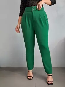 SHEIN Privé Plus High Waist Button Front Trousers - Green - View 2