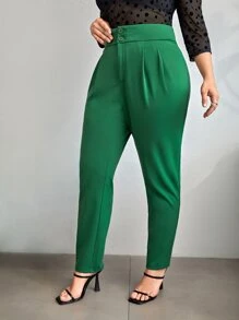 SHEIN Privé Plus High Waist Button Front Trousers - Green - View 4