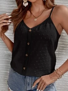 SHEIN Frenchy Áo hai dây Nút phía trước màu trơn Boho - màu đen - Xem 1