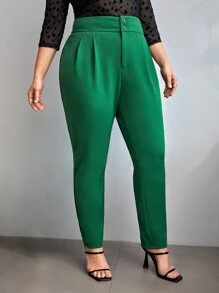 SHEIN Privé Plus High Waist Button Front Trousers - Green - View 3