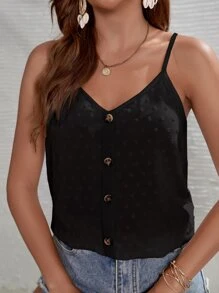 SHEIN Frenchy Áo hai dây Nút phía trước màu trơn Boho - màu đen - Xem 3