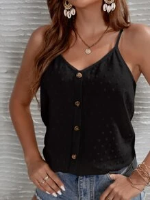 SHEIN Frenchy Áo hai dây Nút phía trước màu trơn Boho - màu đen - Xem 4