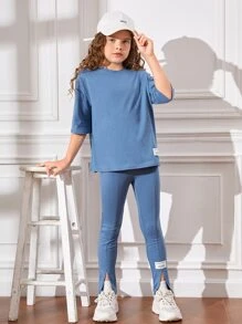 SHEIN Girls Patched Detail Drop Shoulder Tee & Slit Hem Trousers - Blue - View 1