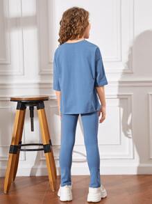 SHEIN Girls Patched Detail Drop Shoulder Tee & Slit Hem Trousers - Blue - View 2