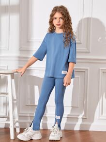 SHEIN Girls Patched Detail Drop Shoulder Tee & Slit Hem Trousers - Blue - View 3