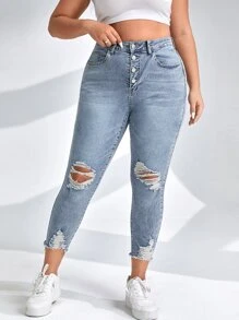 SHEIN ICON Plus Button Fly Ripped Raw Cut Skinny Jeans - Light Wash - View 3