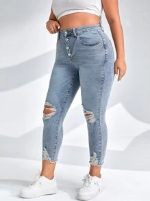 SHEIN ICON Plus Button Fly Ripped Raw Cut Skinny Jeans - Light Wash - View 4