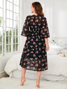 SHEIN Unity Floral Print Dobby Mesh Knot Front Robe Without Dress - Multicolor - View 2