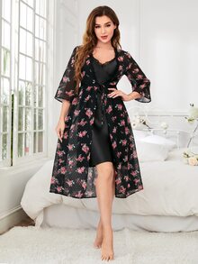 SHEIN Unity Floral Print Dobby Mesh Knot Front Robe Without Dress - Multicolor - View 3