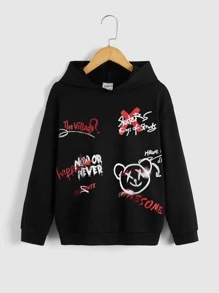 SHEIN Sudadera con hombros caídos y gráfico de oso y letras para niño preadolescente - Negro - Ver 1