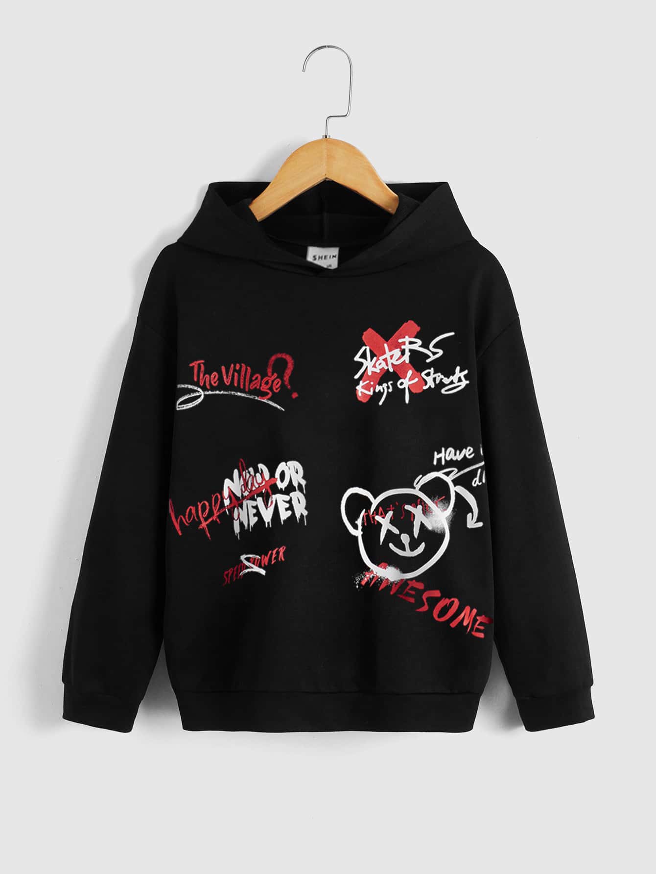 SHEIN Sudadera con hombros caídos y gráfico de oso y letras para niño preadolescente - Negro - Ver 1