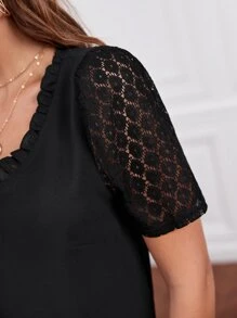 SHEIN Frenchy Contrast Lace Sleeve Frill Trim Blouse Summer Black Black Casual - Black - View 5