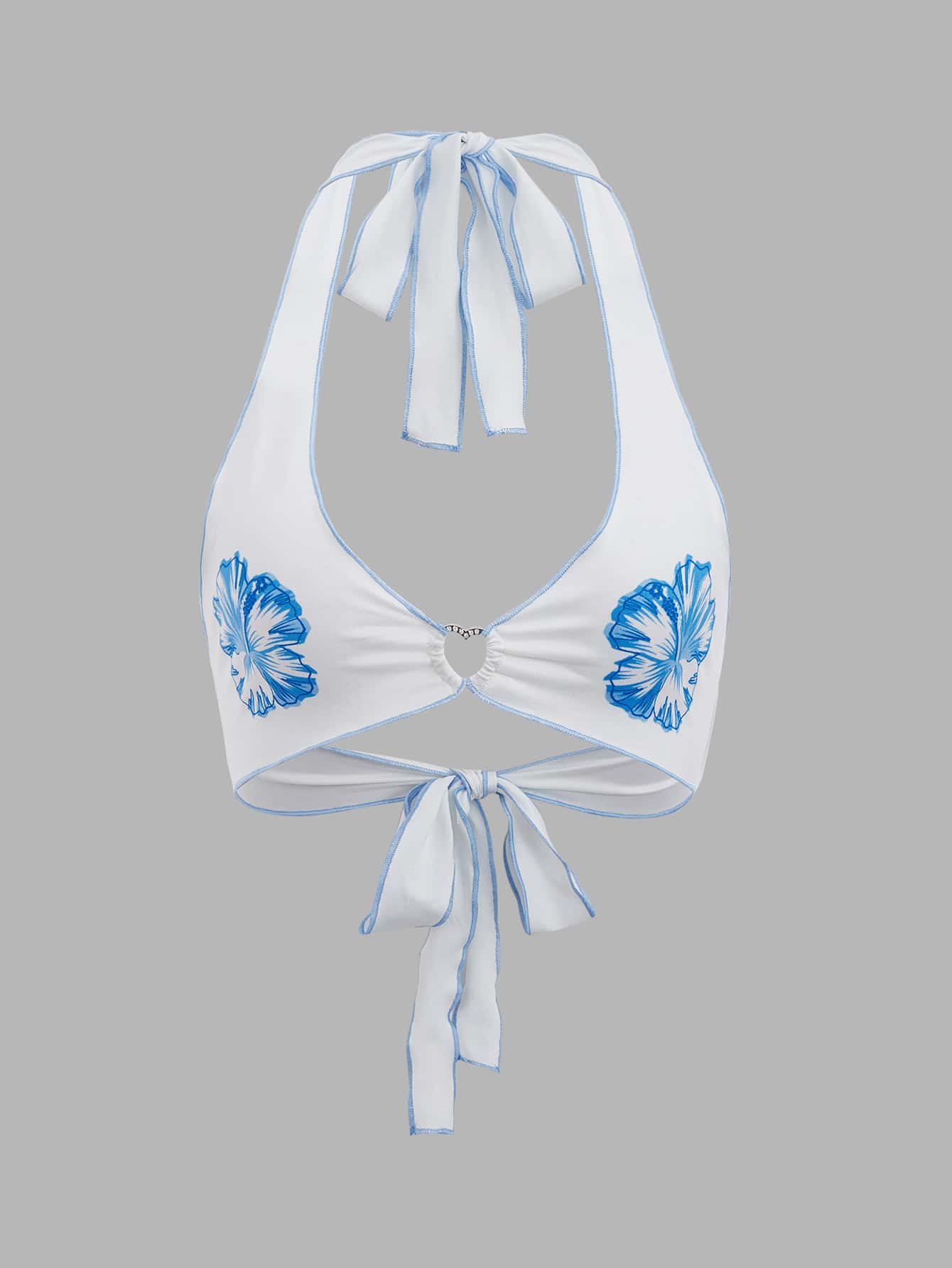 SHEIN ICON Floral Print Heart Ring Detail Backless Knot Halter Top - Blue and White - View 1