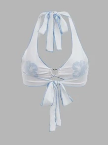 SHEIN ICON Floral Print Heart Ring Detail Backless Knot Halter Top - Blue and White - View 2