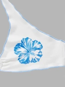 SHEIN ICON Floral Print Heart Ring Detail Backless Knot Halter Top - Blue and White - View 3