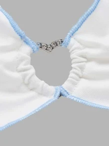 SHEIN ICON Floral Print Heart Ring Detail Backless Knot Halter Top - Blue and White - View 4