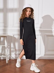 SHEIN Tween Girl Letter Graphic Slit Hem Dress - Black - View 1