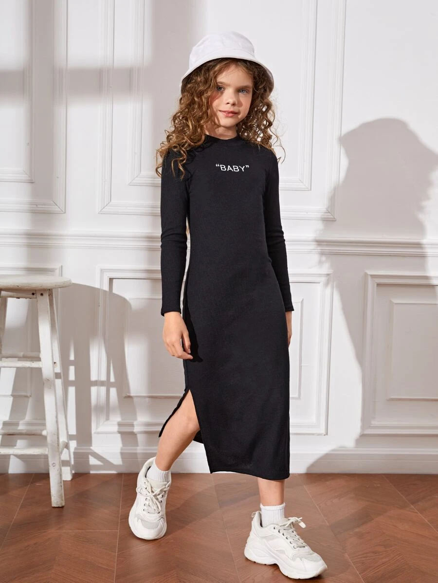 SHEIN Tween Girl Letter Graphic Slit Hem Dress - Black - View 1