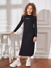 SHEIN Tween Girl Letter Graphic Slit Hem Dress - Black - View 3