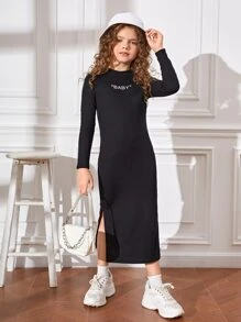 SHEIN Tween Girl Letter Graphic Slit Hem Dress - Black - View 4