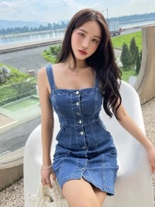 DAZY 前排扣斜插口袋牛仔吊帶連衣裙 - 中等水洗藍 - 查看 7