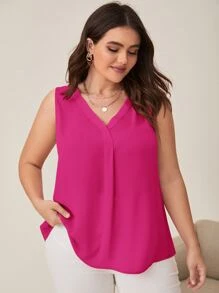 SHEIN Clasi Áo sơ mi Plus Size màu trơn Giải trí - Màu Hồng Tươi - Xem 5