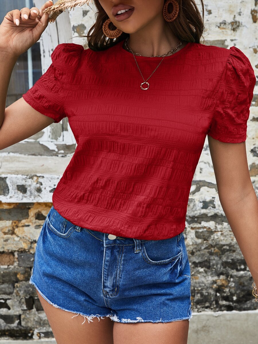 SHEIN VCAY Textured Solid Puff Sleeve Blouse,Short Sleeve Tops - Red - View 1