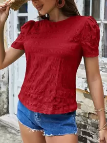 SHEIN VCAY Textured Solid Puff Sleeve Blouse,Short Sleeve Tops - Red - View 4