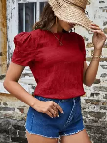 SHEIN VCAY Textured Solid Puff Sleeve Blouse,Short Sleeve Tops - Red - View 5