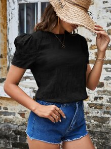 SHEIN VCAY Blusa con textura unicolor de manga farol - Negro - Ver 5