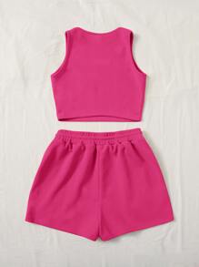 SHEIN EZwear Summer Sets Scoop Neck Tank Top And Track Shorts - Hot Pink - View 2