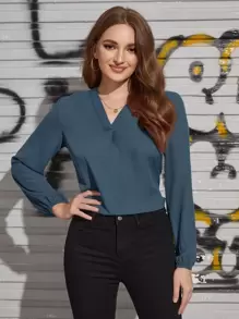 SHEIN Clasi V Neck Blouson Sleeve Solid Top