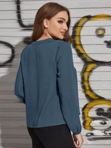 SHEIN Clasi V Neck Blouson Sleeve Solid Top