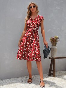 SHEIN Clasi 滿版印花蝙蝠袖繫腰帶連衣裙 - 酒紅色 - 查看 4