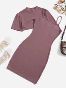 SHEIN Essnce Top súper corto & Vestido ajustado tejido de canalé - Rosa vieja - Ver 1