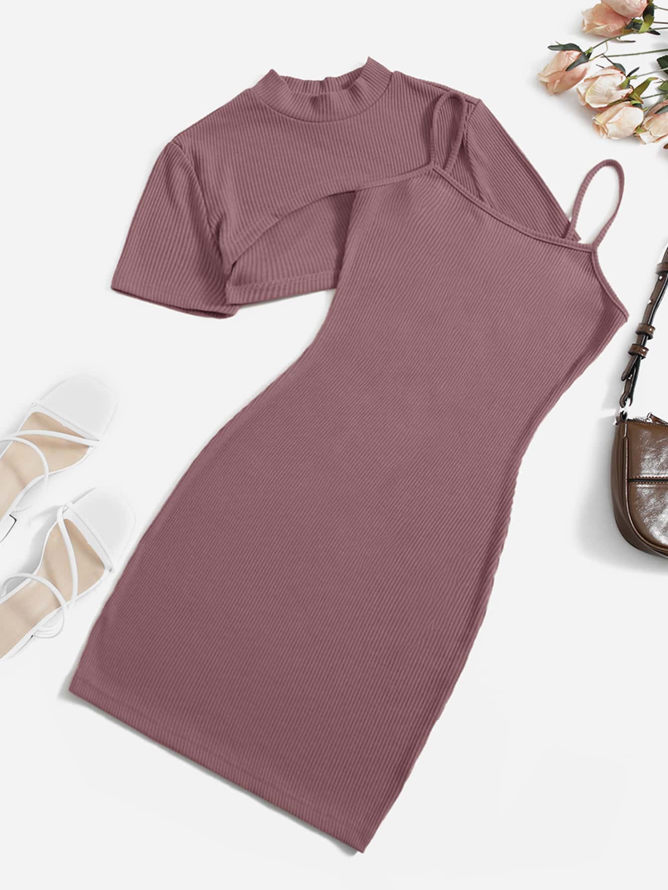 SHEIN Essnce Top súper corto & Vestido ajustado tejido de canalé - Rosa vieja - Ver 1