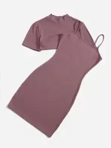 SHEIN Essnce Top súper corto & Vestido ajustado tejido de canalé - Rosa vieja - Ver 3