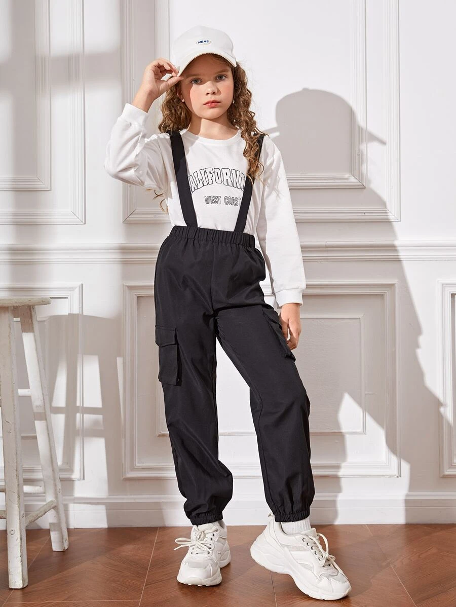 SHEIN Girls Flap Pocket Side Pinafore Pants Without Pullover - Black - View 1