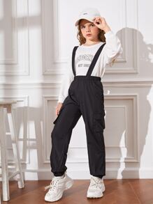 SHEIN Girls Flap Pocket Side Pinafore Pants Without Pullover - Black - View 3