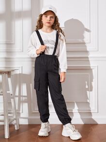 SHEIN Girls Flap Pocket Side Pinafore Pants Without Pullover - Black - View 4