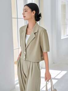 DAZY Bộ âu phục nữ Túi Nút phía trước màu trơn Giải trí - Màu be - Xem 3