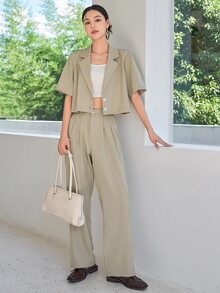 DAZY Bộ âu phục nữ Túi Nút phía trước màu trơn Giải trí - Màu be - Xem 8