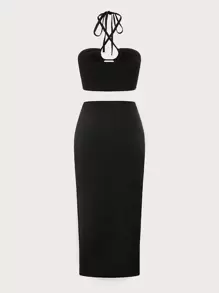 SHEIN ICON Đen Hai chiếc Bộ Buộc lại Áo hai dây & Mặt trước xoắn Váy - màu đen - Xem 2
