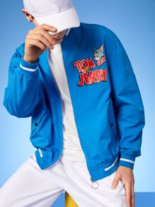 TOM & JERRY X SHEIN Men Letter & Cartoon Graphic Drop Shoulder Bomber Jacket - Blue - View 1