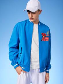 TOM & JERRY X SHEIN Men Letter & Cartoon Graphic Drop Shoulder Bomber Jacket - Blue - View 3