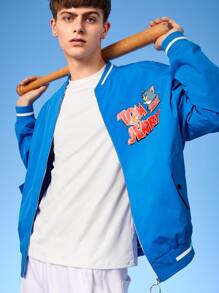 TOM & JERRY X SHEIN Men Letter & Cartoon Graphic Drop Shoulder Bomber Jacket - Blue - View 4