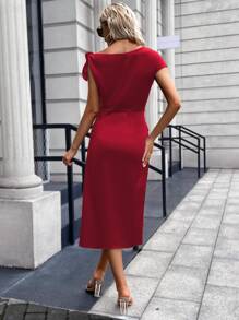 SHEIN Belle Solid Asymmetrical Neck Tulip Hem Satin Dress - Red - View 2