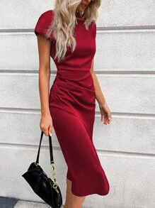 SHEIN Belle Solid Asymmetrical Neck Tulip Hem Satin Dress - Red - View 6