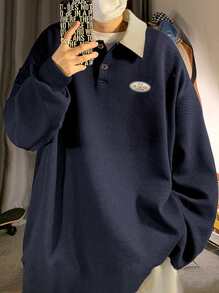 Manfinity Hypemode Áo thun có cổ Nam Đắp vá Khối Màu Giải trí - Màu xanh hải quân - Xem 1