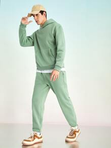 SHEIN X MOHA 男士落肩袖袋鼠口袋連帽衫和運動褲 - 薄荷綠 - 查看 3